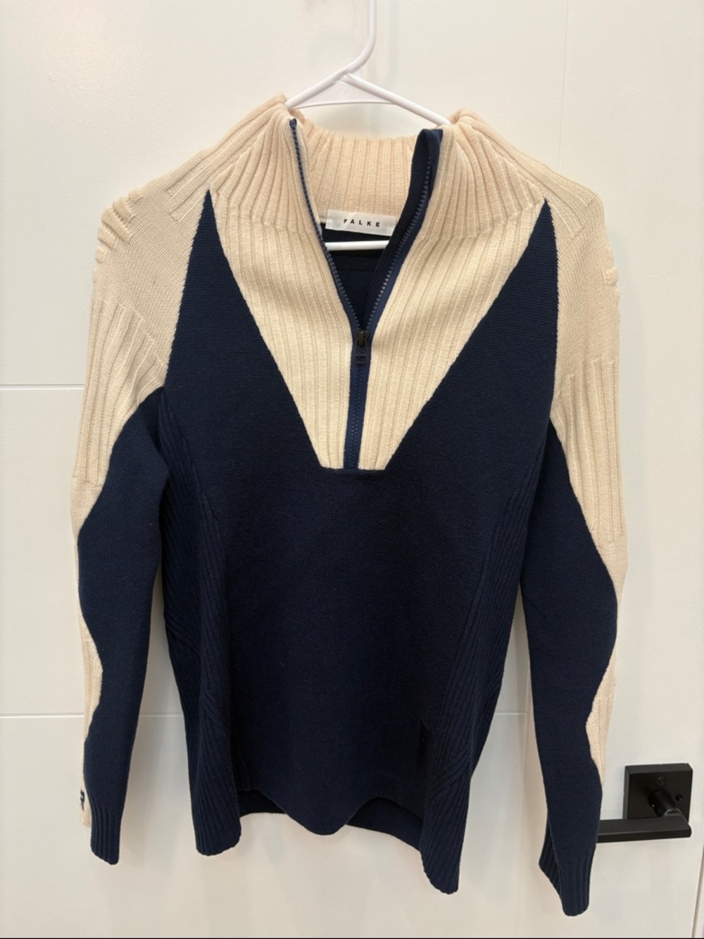Falke Navy and Cream Zip-Front Cowl Sweater